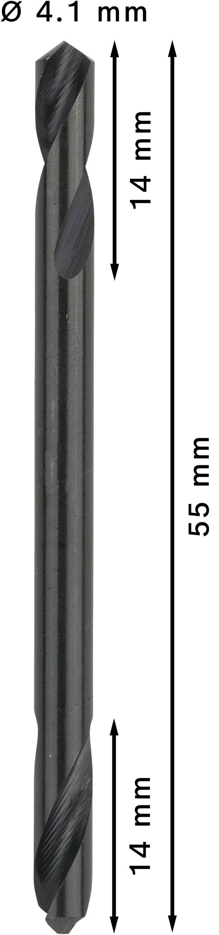 Bohrer mit einem Durchmesser von 4,1 mm und einer Länge von 55 mm. Die Schneidebereiche messen jeweils 14 mm.