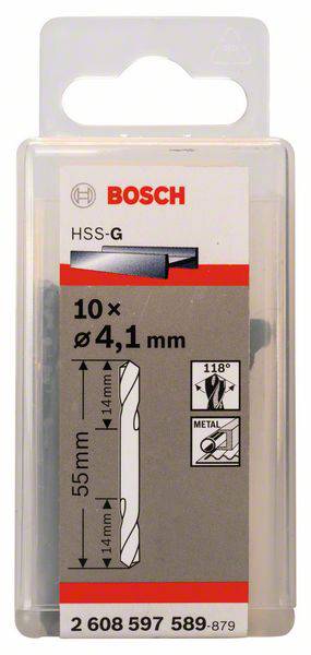 Bosch HSS-G Bohrer, 10 Stück, Durchmesser 4,1 mm, Länge 55 mm. Geeignet für Metall. Produktverpackung vorne.
