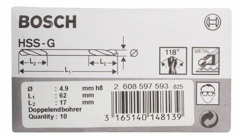 Bosch Accessories 2608597593 HSS Doppelendbohrer 4.9mm Gesamtlänge 62mm geschliffen Zylinderschaft 10St.