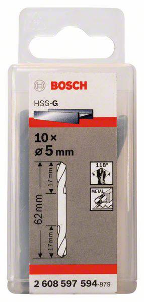 Bosch Accessories 2608597594 HSS Doppelendbohrer 5mm Gesamtlänge 62mm geschliffen Zylinderschaft 10St.