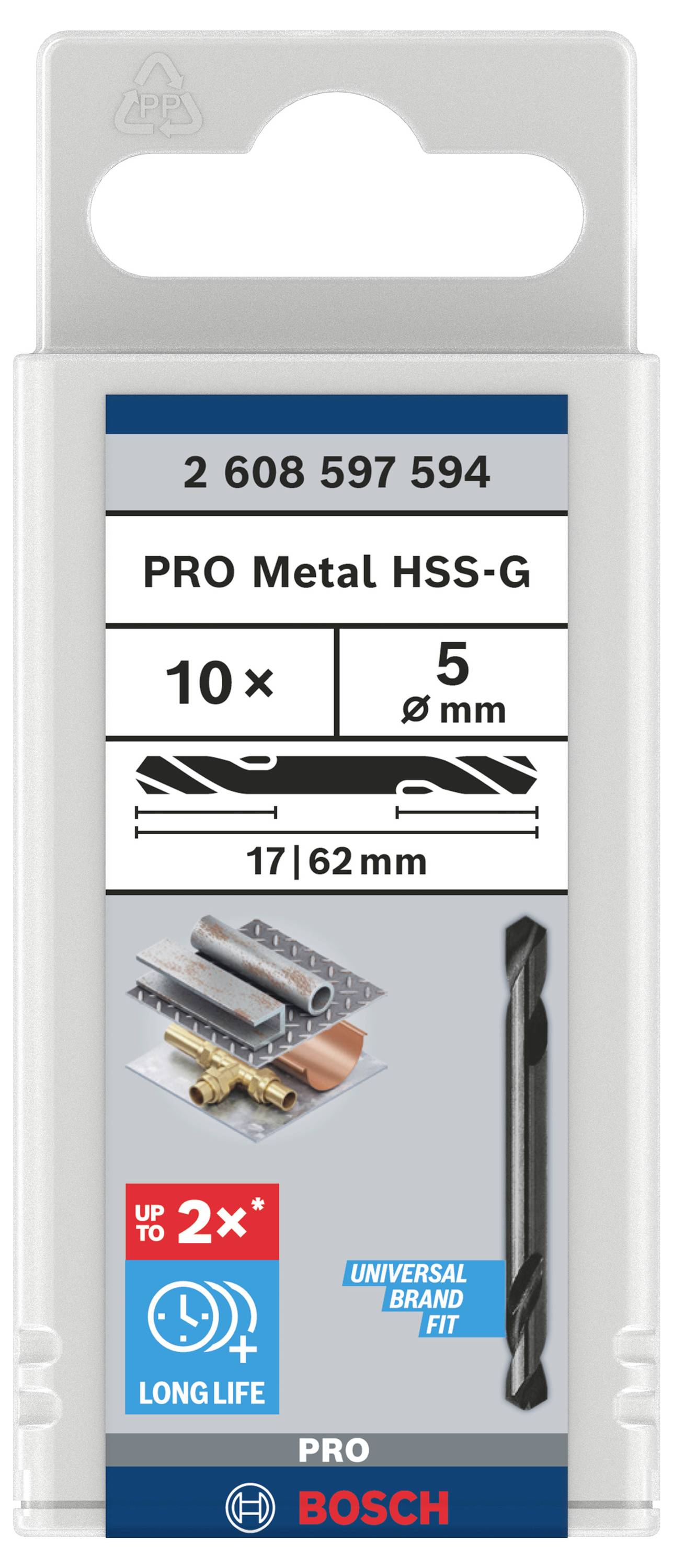 Bosch Accessories 2608597594 HSS Doppelendbohrer 5mm Gesamtlänge 62mm geschliffen Zylinderschaft 10St.
