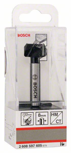 'Bosch' 22mm Fräsbohrer in Kunststoffverpackung mit 8mm Durchmesser, für Holz- oder Metallbearbeitung geeignet.