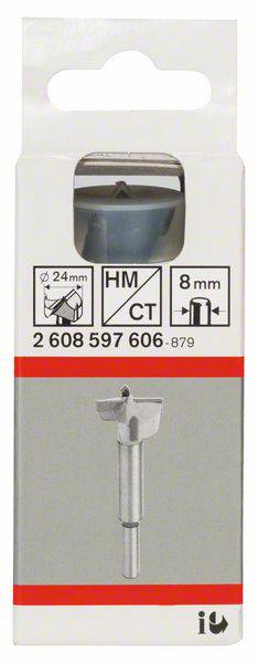 Bohrer-Verpackung mit Abbildungen und Angaben: 24 mm Durchmesser, HM CT Material, 8 mm Schaft.