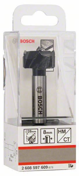 Verpackung eines Bosch-Fräsers mit 28 mm Durchmesser und 8 mm Schaft, geeignet für Holz, mit Hartmetall-Schneidteil.