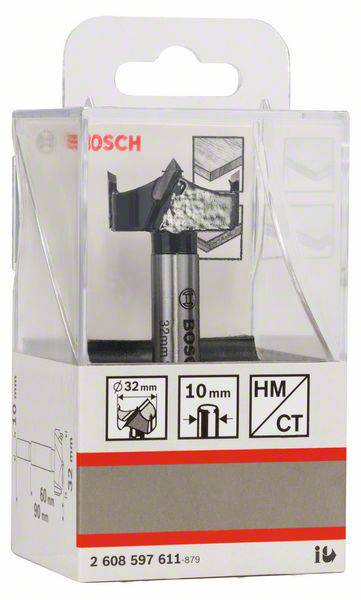 Bosch Fräserspitze in Verpackung. Geeignet für Holzarbeiten, Durchmesser 32 mm, Schnittlänge 10 mm, HM- und CT-Material.