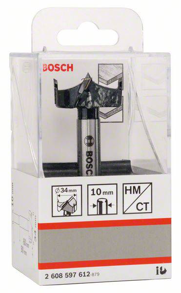 Forstnerbohrer 34 mm Durchmesser, 10 mm Schaft, in einer transparenten Verpackung mit 'BOSCH' Logo.
