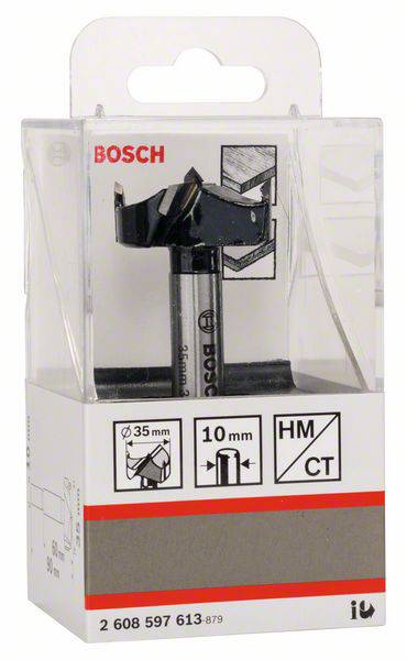 Bosch 35 mm Forstnerbohrer in Verpackung. Geeignet für präzise Bohrungen in Holz. Durchmesser 35 mm, Schaft 10 mm.
