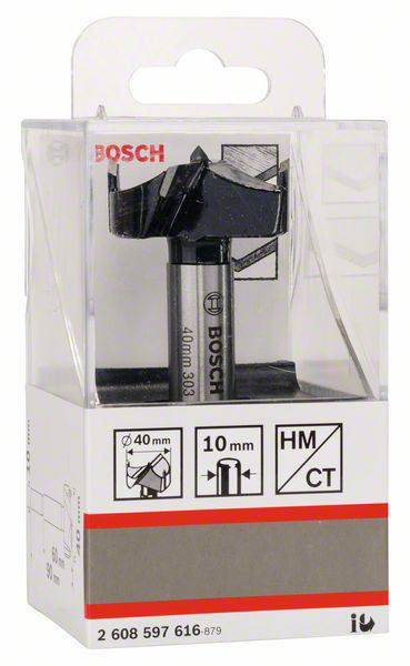 Ein Forstnerbohrer von Bosch mit einem Durchmesser von 40 mm und einer Schaftgröße von 10 mm in der originalen Verpackung.