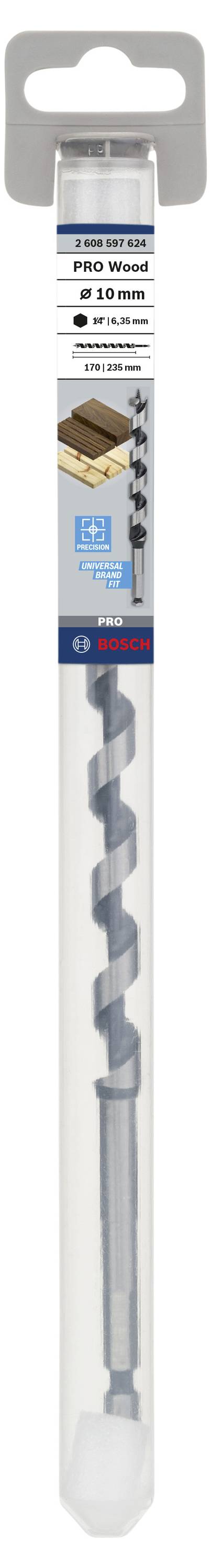 Bosch Holzspiralbohrer im Kunststoffetui, geeignet für präzises Bohren in Holz. Enthält Angaben zur Größe und Materialverträglichkeit.