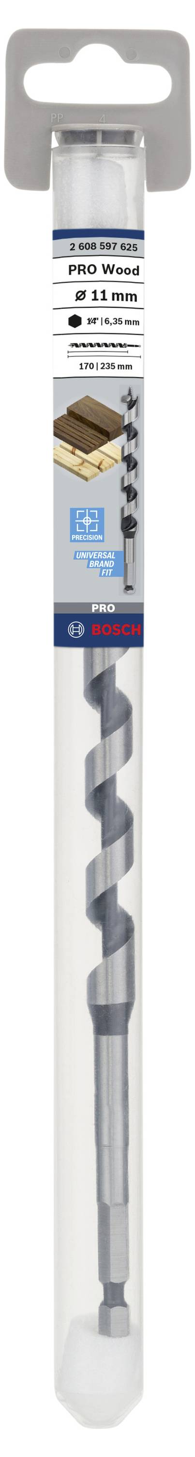 'Bosch Pro Wood' Holzbohrer, Durchmesser 11 mm, für präzises Bohren in Holz, Verpackung aus Kunststoff mit Aufhänger.