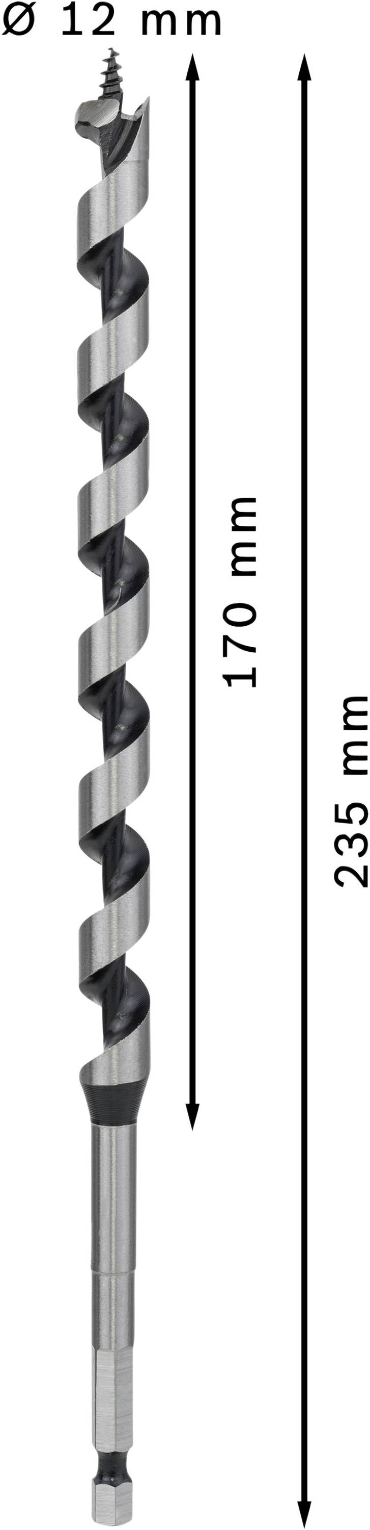 Bohrer, Durchmesser 12 mm, gesamte Länge 235 mm, Arbeitsteil 170 mm, mit spiralförmigen Schneiden.