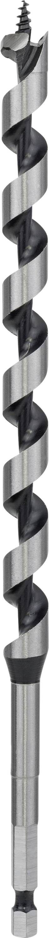 Nahaufnahme eines Bohrers mit spiralförmiger Klinge. Hauptsächlich silbern und schwarz gefärbt. Geeignet für Holz- oder Metallbearbeitung.