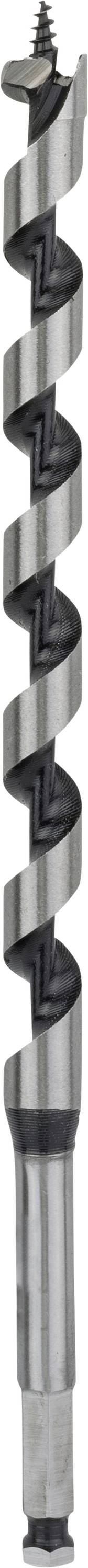 Nahaufnahme eines großen Holzbohrers mit spiralförmigen Schneiden und einer scharfen Spitze, die für das Bohren in Holz verwendet wird.