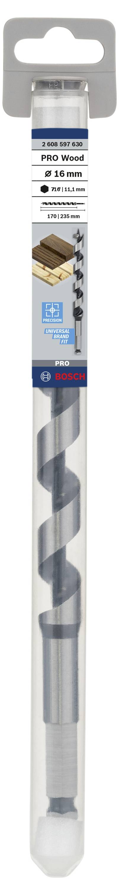 Holzspiralbohrer in Verpackung, geeignet für Holzarbeiten, 8x400 mm. Markenlogo oben, Abbildung der Anwendungsmöglichkeiten.