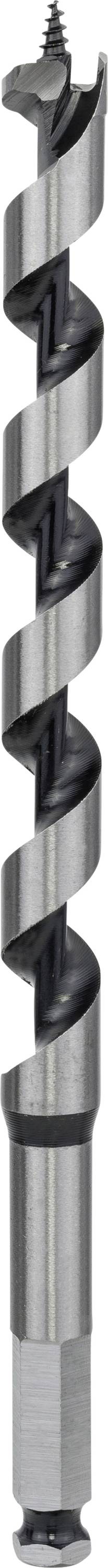 Nahaufnahme eines Metallspiralbohrers mit scharfer Spitze und spiralförmigen Klingen, geeignet zum Bohren von Holz oder Metall.