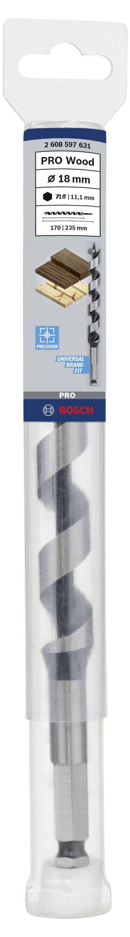 Bohrer für Holzarbeiten in Verpackung. Aufschrift zeigt Größe 18x230 mm mit 1/4 Zoll Sechskantschaft. Geeignet für Weich- und Hartholz.