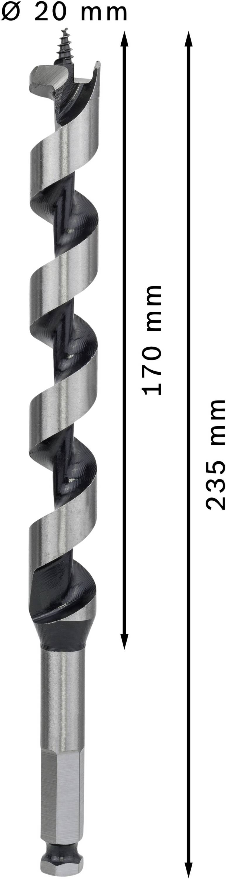 Bohrer mit einer Länge von 235 mm, einer Spirale von 170 mm und einem Durchmesser von 20 mm.