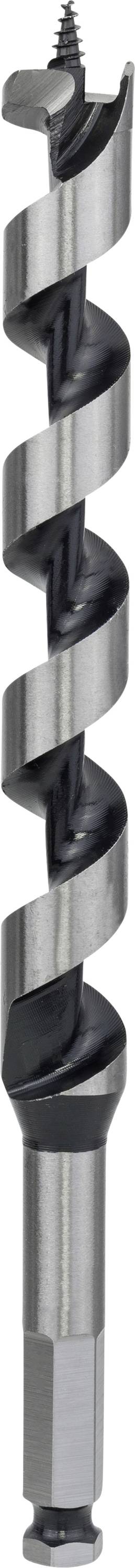 Ein großer Holzbohrer mit spiralförmigem Schneidekopf und scharfer Spitze zum Bohren von Löchern in Holzoberflächen.