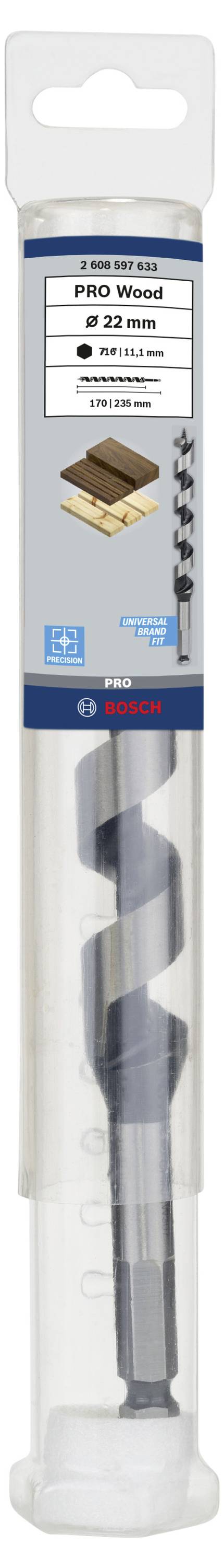 Bohrer in Verpackung, geeignet für Holzarbeiten. Produktinformationen oben: 32 mm Durchmesser, 360 mm Länge. Markenname sichtbar.
