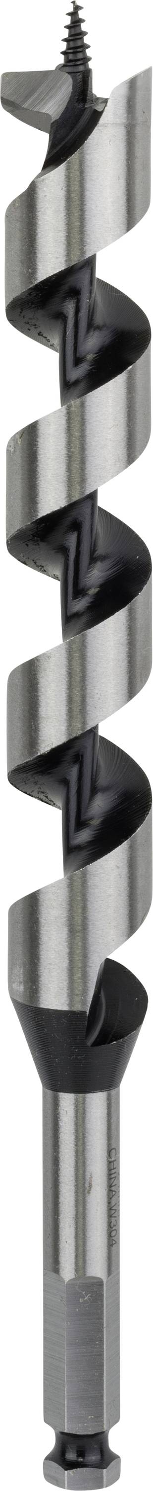 Metall-Bohrschnecke, silbern und schwarz, spitzes Ende zum Bohren in Holz oder Metalloberflächen.