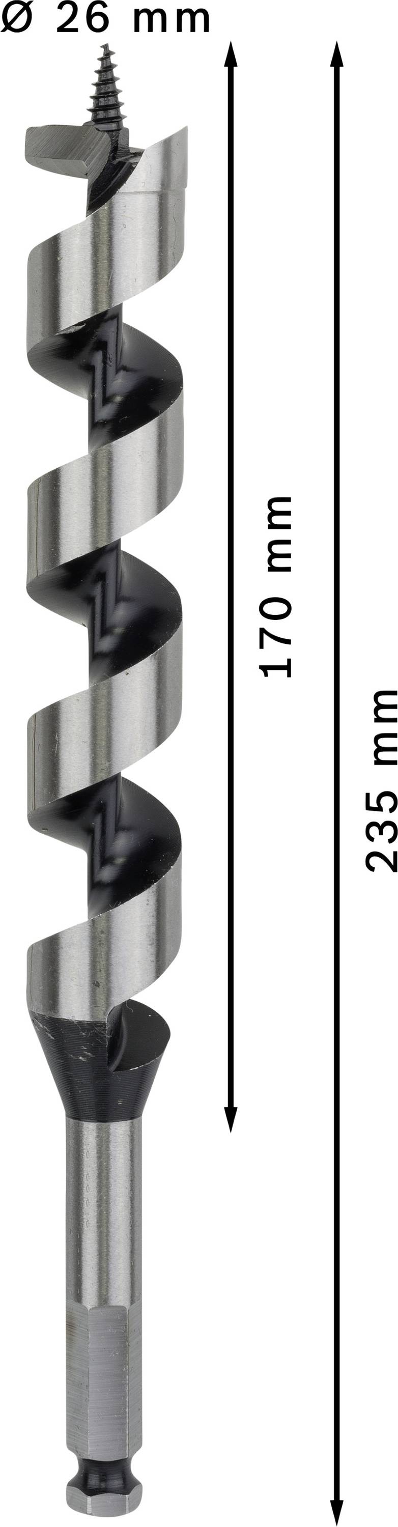 Bohrer mit 26 mm Durchmesser und 235 mm Gesamtlänge, nutzbare Länge 170 mm, mit Holzgewindespitze für präzises Bohren in Holz.