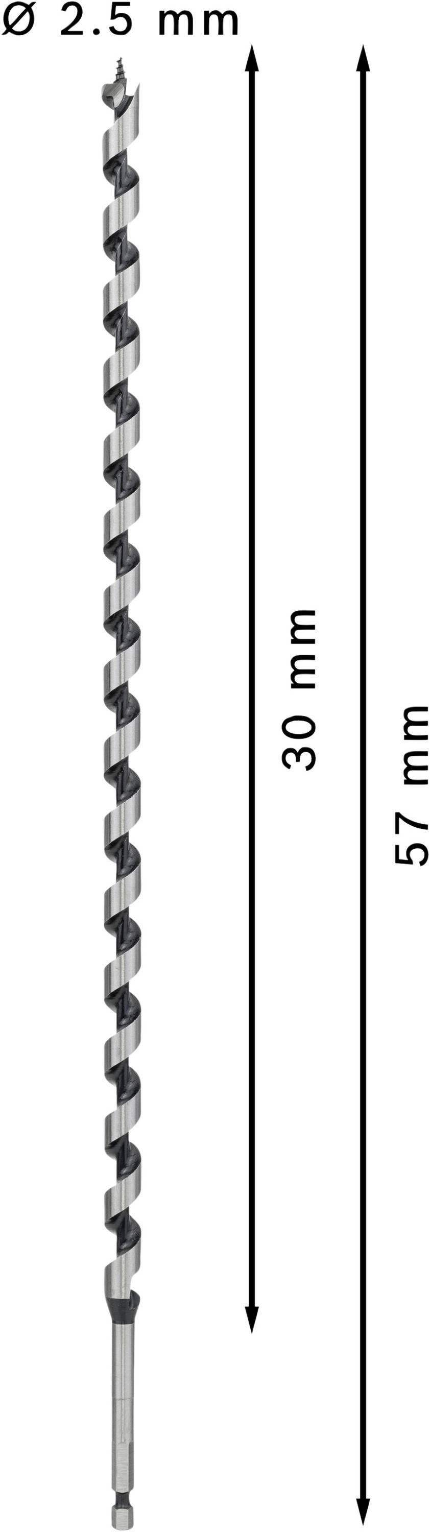 Bohrer mit 2,5 mm Durchmesser und 57 mm Gesamtlänge, davon 30 mm nutzbare Länge.