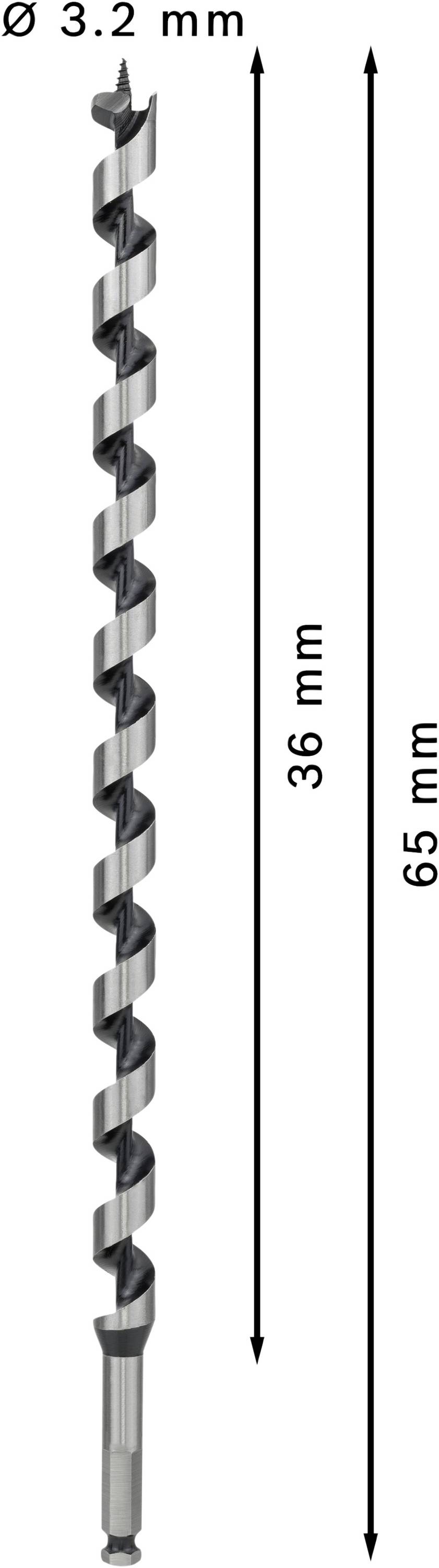 Bohrer mit 3,2 mm Durchmesser, Spiralform. Zwei Längen angegeben: 36 mm und 65 mm.