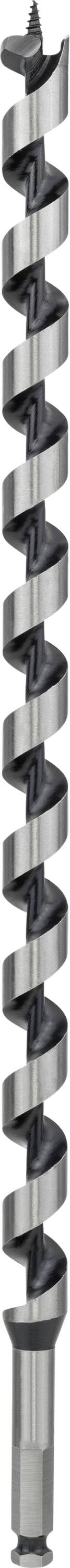 Große silberne und schwarze Bohrerschraube, spiralförmig, lang, mit scharfen Kanten, vertikal ausgerichtet gegen weißen Hintergrund.