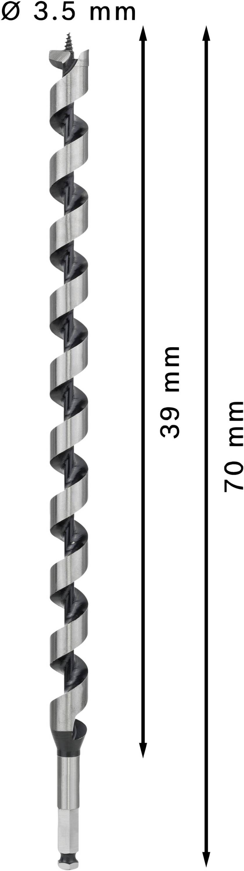 Bohrer mit 3,5 mm Durchmesser, 39 mm Schraubengewindelänge und 70 mm Gesamtlänge.