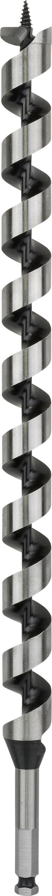 Großer, silberner Holzbohrer aus Metall mit schwarzer Spitze für präzise Bohrarbeiten dargestellt; spiralförmiges Design.