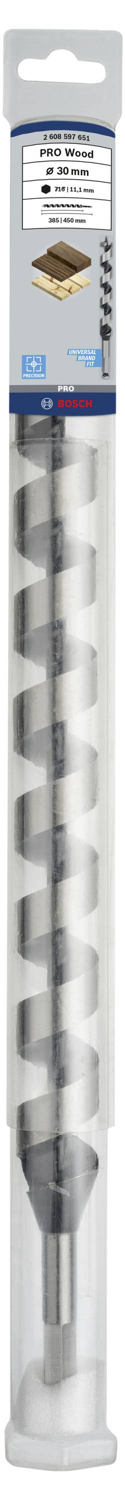 Verpackung mit einem langen Bohrer, geeignet für Holzarbeiten, detaillierte Angaben zu Größe und Hersteller oben auf der Verpackung.