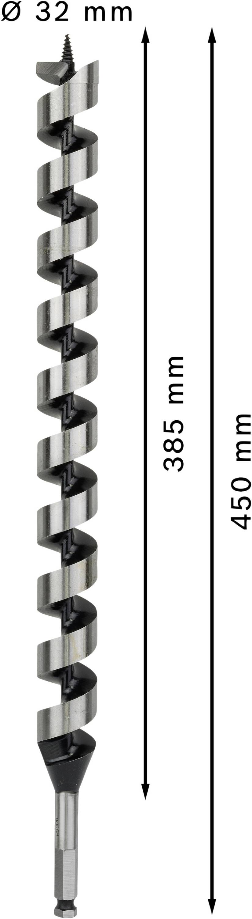 Bohrer mit 32 mm Durchmesser und 450 mm Länge, davon 385 mm gewellter Bohrbereich.