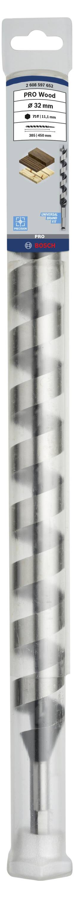 Bohrer in runder Plastikverpackung, geeignet für Holzarbeiten, Länge 6,5 Zoll. Verpackung zeigt Anwendungen mit Holzsymbol.