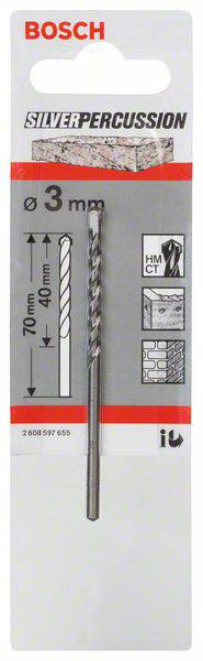 Verpackung eines Bosch Betonbohrers, 3 mm Durchmesser, 70 mm Länge. Geeignet für Beton mit Schlagfunktion. Produktname 'SilverPercussion'.