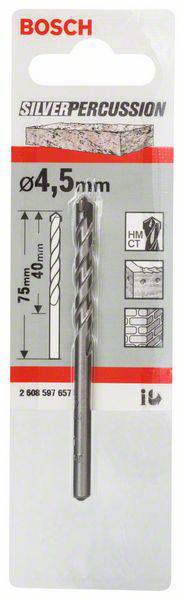 Bohrerpackung mit der Aufschrift 'SILVERPERCUSSION', Größe 4,5 mm, Länge 75 mm. Geeignet für Beton, zeigt Bohrerabbildung und Anwendungsbilder.