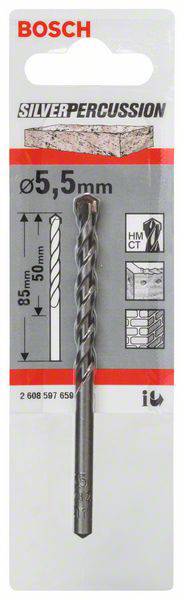 'Bosch Silver Percussion 5,5 mm': Bohrer für Beton, Stein und Ziegel mit einer Länge von 85 mm. Verpackung zeigt Anwendungen und Features.