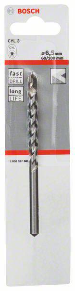 Bosch CYL-3 Bohrer, 6,5 mm, für Beton und Stein, verpackt auf einer Blisterkarte.