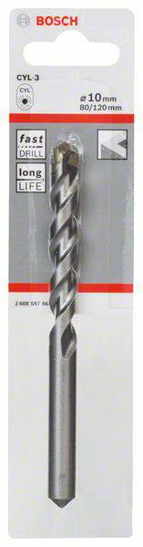 Bohrer von Bosch, Modell CYL-3, Durchmesser 10 mm, Länge 80/320 mm, Betonbohrer mit spezieller Spitze für lange Lebensdauer. Verpackung zeigt Logos 'fast drill', 'long life'.
