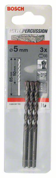 Bosch Silver Percussion Bohrer, 5 mm Durchmesser, 3 Stück, geeignet für Beton. Verpackung zeigt Bohrer mit 85 mm Arbeitslänge.