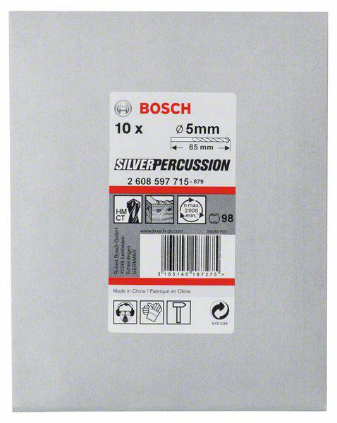 Eine Packung mit 10 Bosch SilverPercussion Bohrern, Durchmesser 5 mm, Serie 2 608 597 715-879, hergestellt in China.