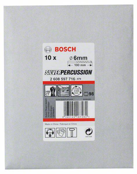 Eine Packung mit 10 Bosch Bohrern, Größe 6 mm x 100 mm, Typ 'Silver Percussion'. Verpackung zeigt Logos und Produktionsort China.