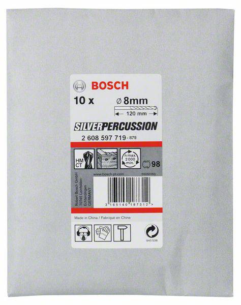 Verpackung für Bosch SilverPercussion Bohrer, 8mm Durchmesser, 120mm Länge, 10 Stück. Hergestellt in China. EAN 3165140897317.