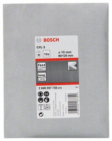 Bohrer-Set 'BOSCH CYL-3' mit 10 Drillingsbohrern, Größe Ø 10 mm, geeignet für Beton und Mauerwerk. Verpackung zeigt Markenlogo und Barcode.
