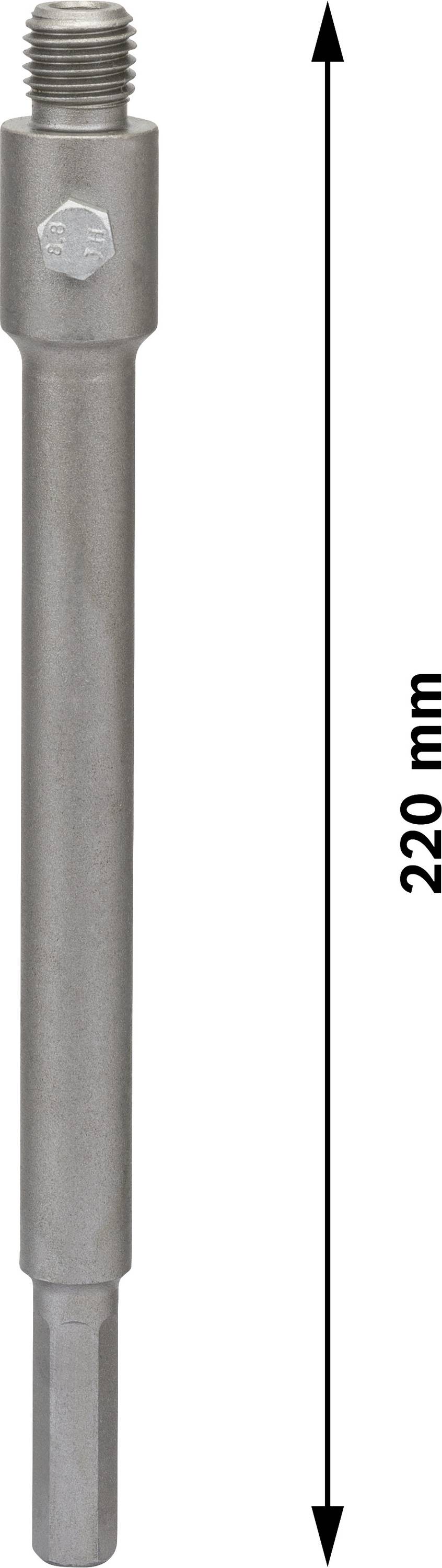 Metallstab mit Schraubgewinde oben und sechseckigem Ende unten, Länge 220 mm.