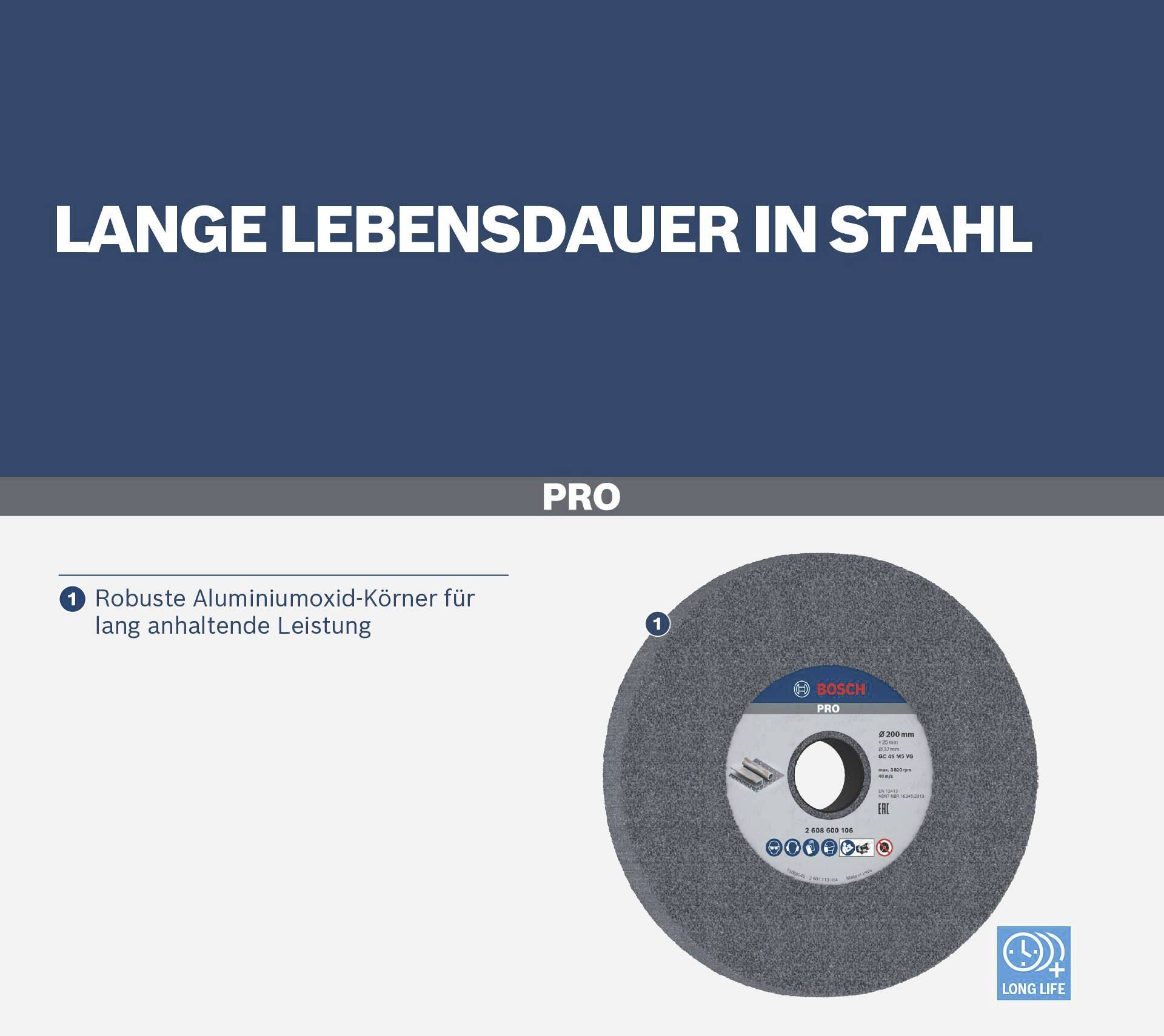Schleifscheibe für Stahlbearbeitung. Text 'Lange Lebensdauer in Stahl'. Robuste Aluminiumoxid-Körner für lang anhaltende Leistung.