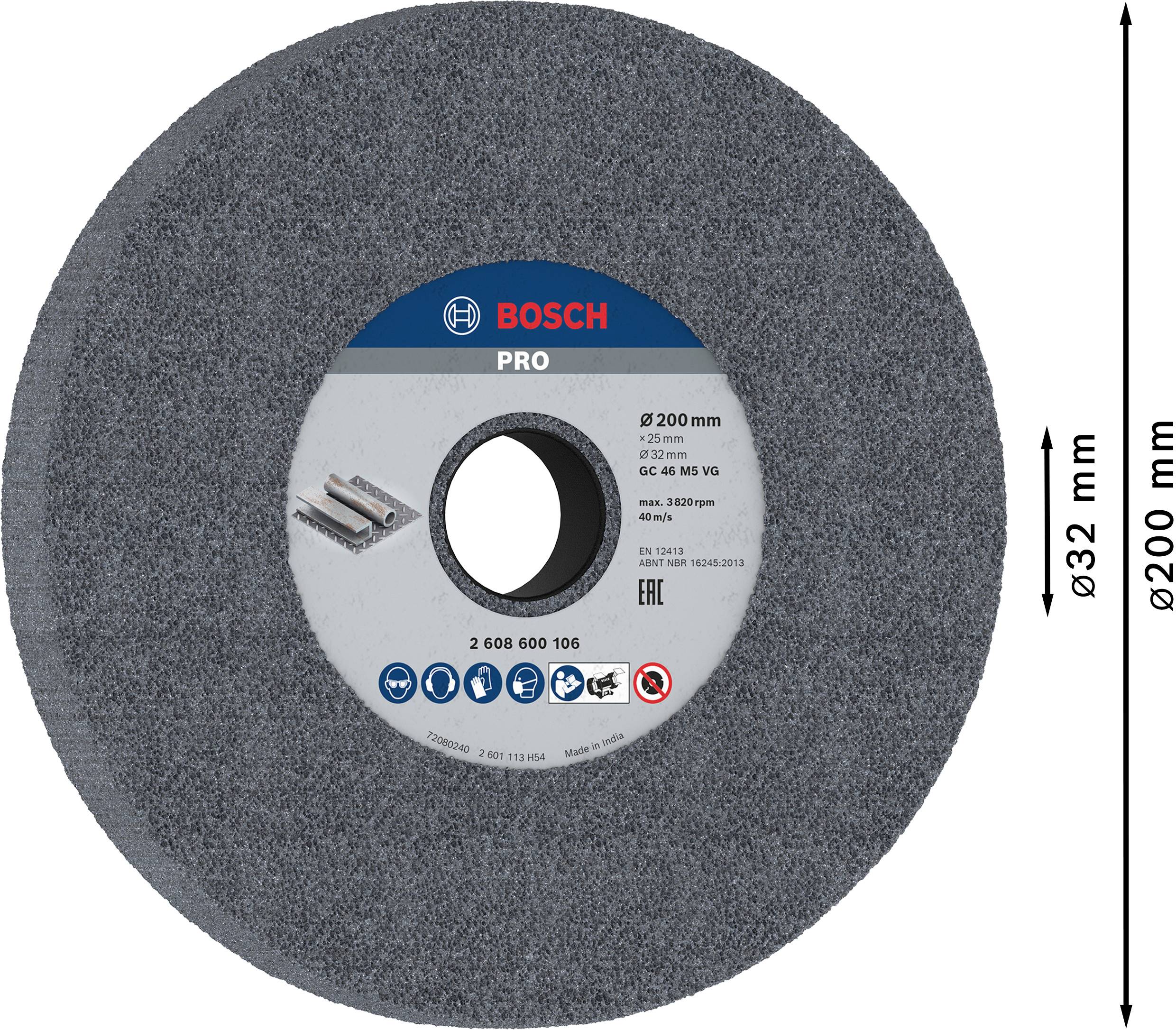 Schleifscheibe von Bosch, Durchmesser 200 mm, mit Angaben zur Produktnummer und zulässigen Drehzahl auf dem Etikett.