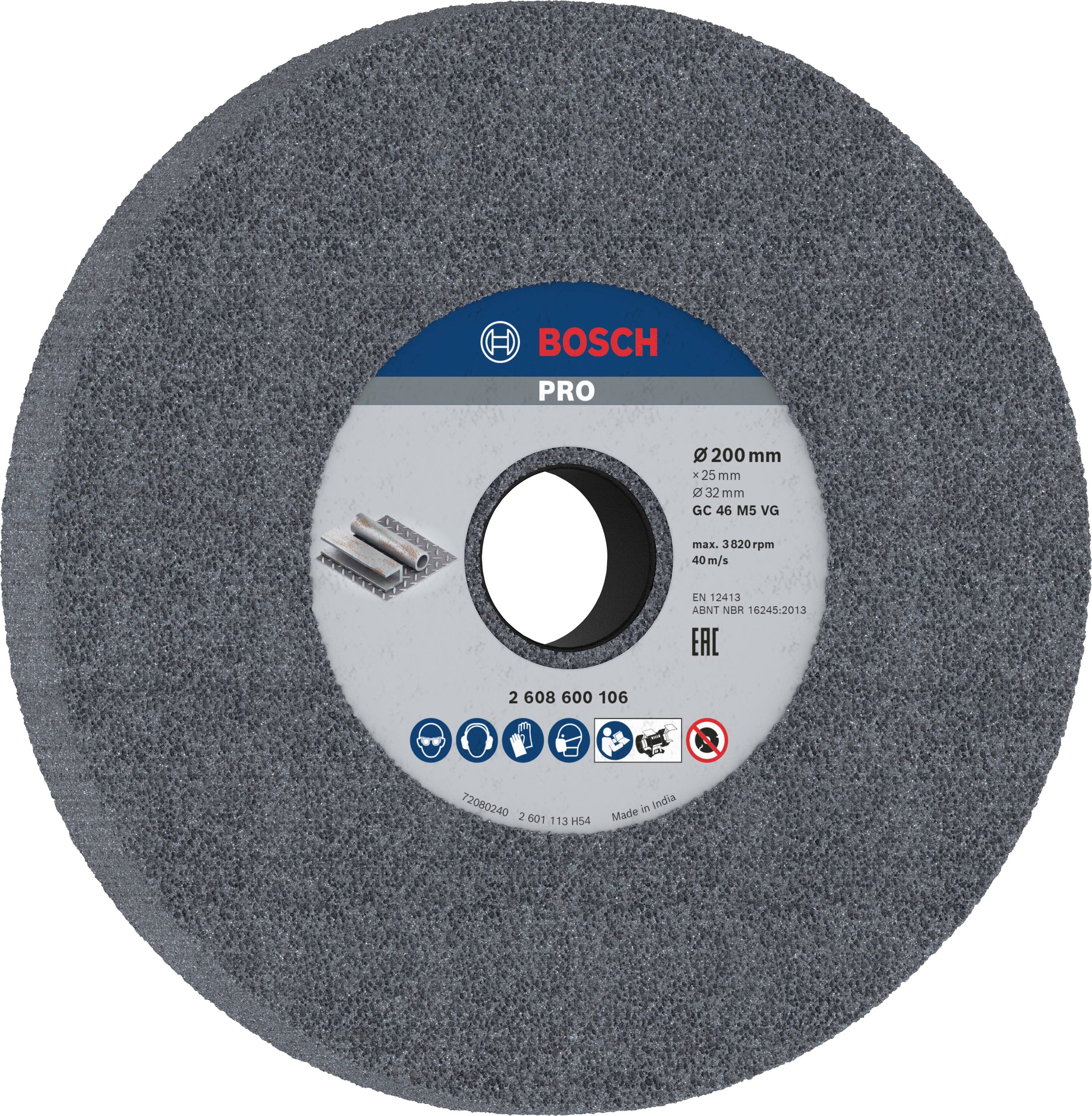 Graue Schleifscheibe von Bosch Pro, Durchmesser 200 mm, Stärke 25 mm, für Metallbearbeitung. Maximale Drehzahl: 3.850 U/min.