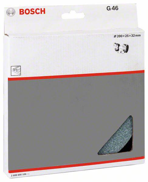 Eine Verpackung von Bosch Schleifscheiben, Modell G46, Größe 200x25x32 mm, mit einem grafischen Symbol einer Schleifmaschine oben rechts.