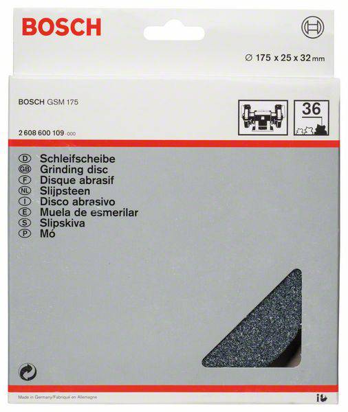 Eine Verpackungsscheibe von Bosch GSM 175, 36 Körnung, 175 x 25 x 32 mm, geeignet für Schleifarbeiten. Enthält Grafiken und Texte.