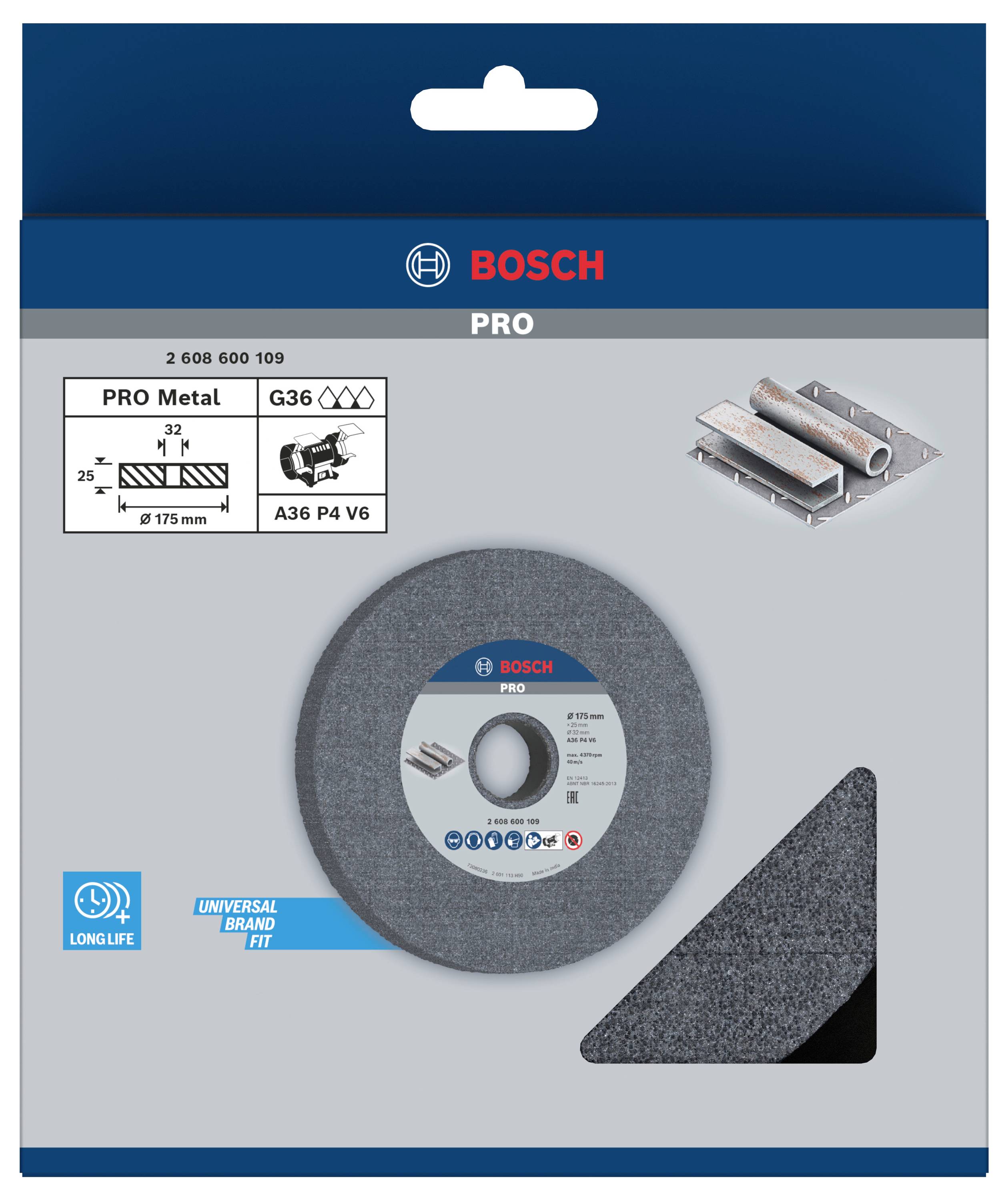 Verpackung einer Bosch PRO Trennscheibe für Metall, Größe 125 x 1 mm. Geeignet für langlebige Schnitte. Abbildung von Rohren.